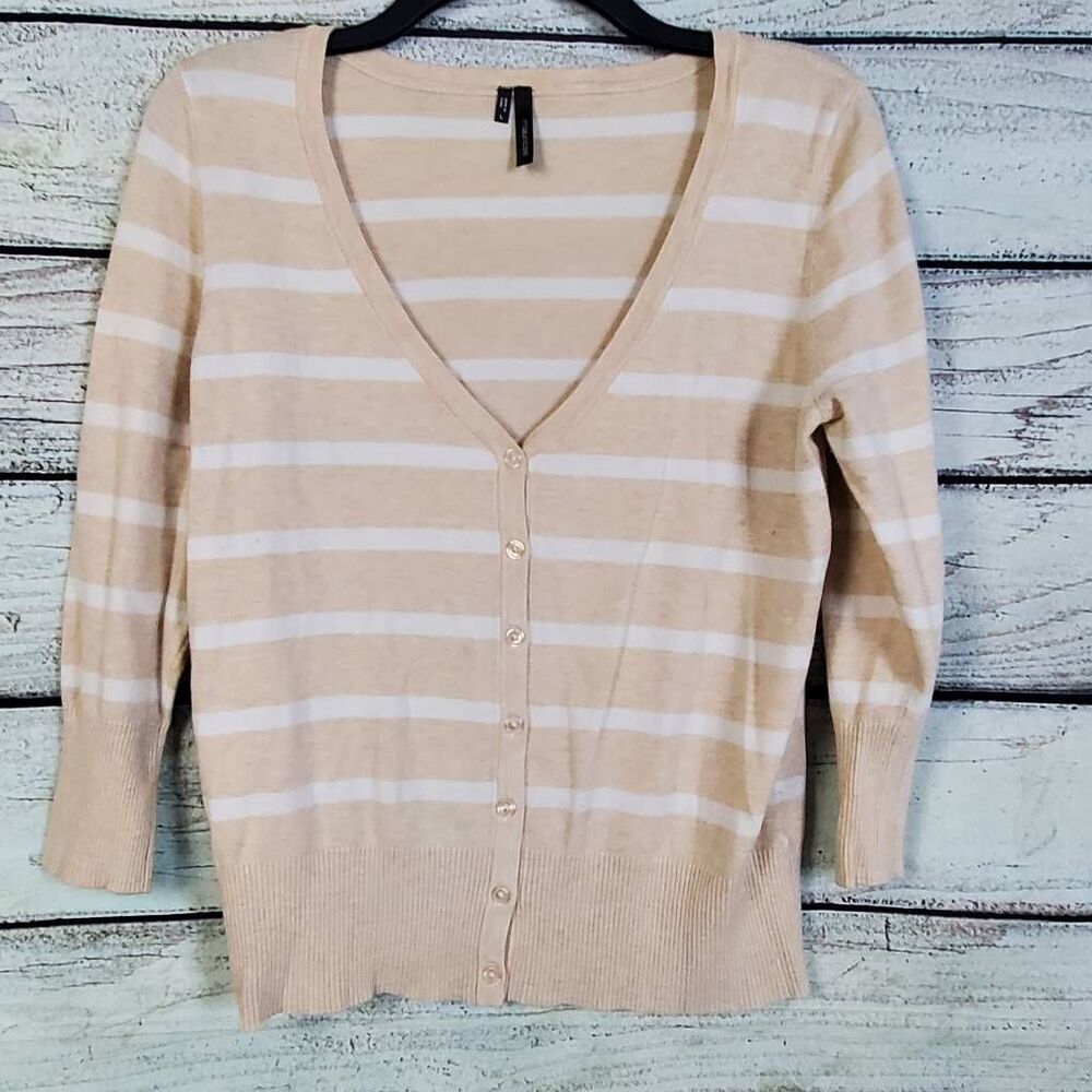 Maurices Beige & White Striped Button Front Cardigan Sweater Women’s Size L Ligh